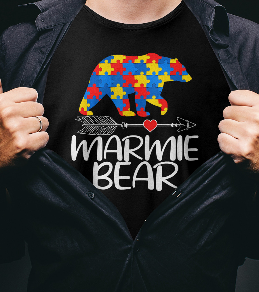 Marmie Bear Autism Awareness Puzzle Heart Arrow T-Shirt