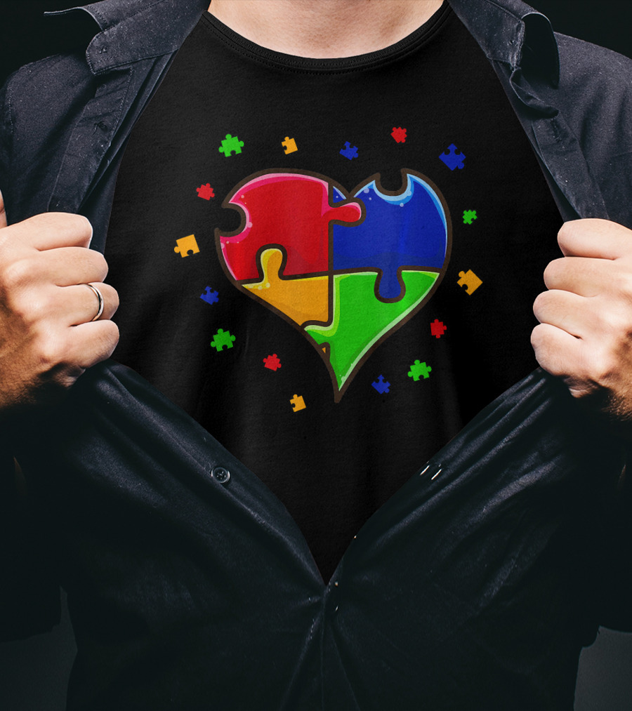 Autism Awareness Month Love Heart Puzzle Pieces T-Shirt