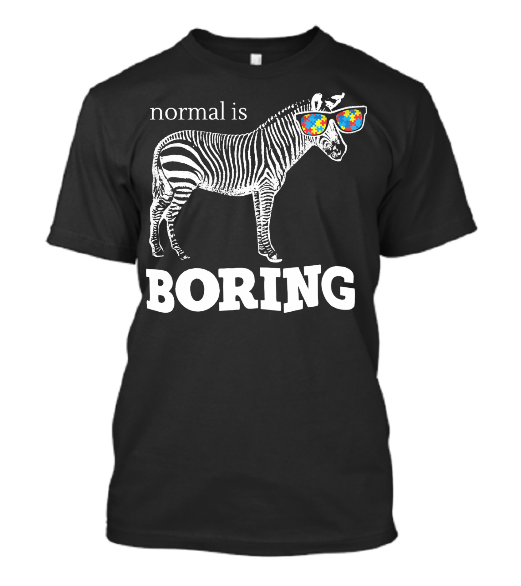 Normal Is Boring Zebra With Puzzle Piece Sunglasses Autism Awareness T-Shirt
