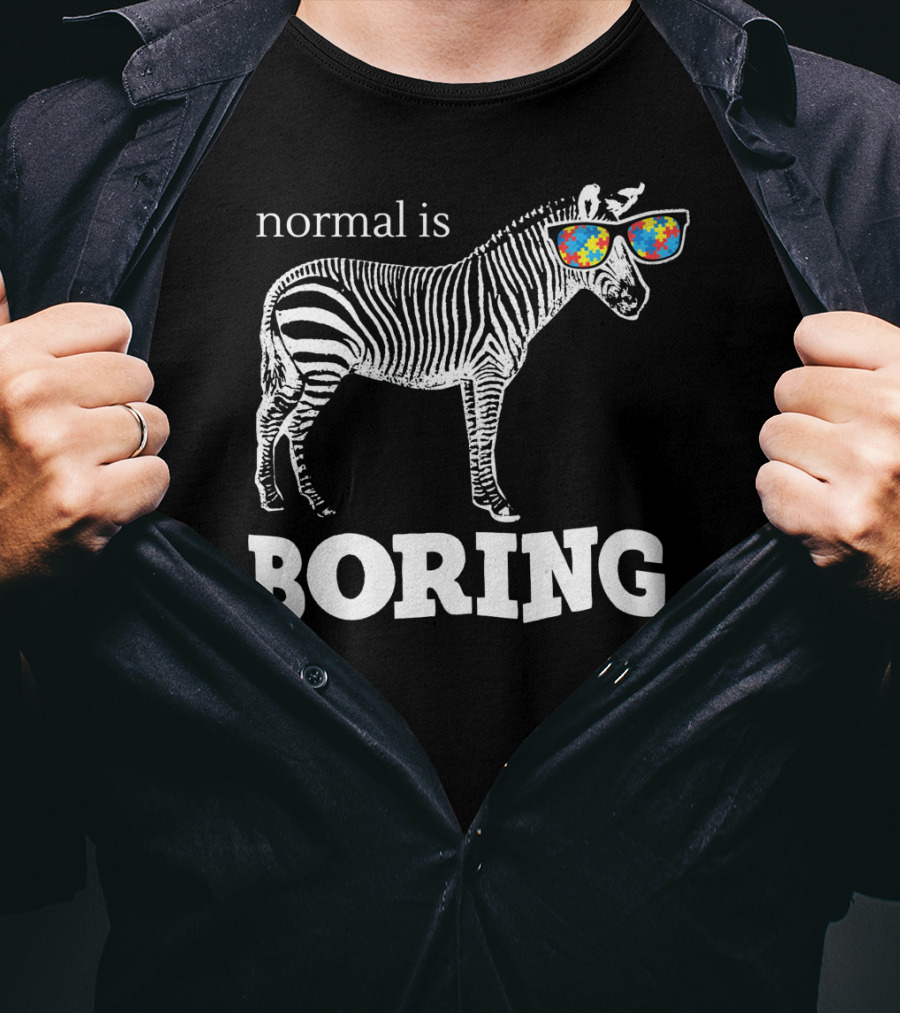 Normal Is Boring Zebra With Puzzle Piece Sunglasses Autism Awareness T-Shirt
