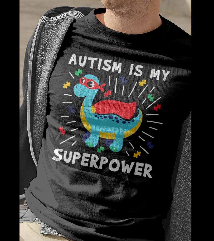 Autism Is My Superpower Dinosaur With Puzzle Pieces And Hero Cape T-Shirt
