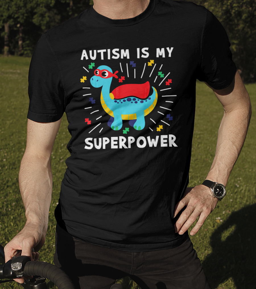 Autism Is My Superpower Dinosaur With Puzzle Pieces And Hero Cape T-Shirt