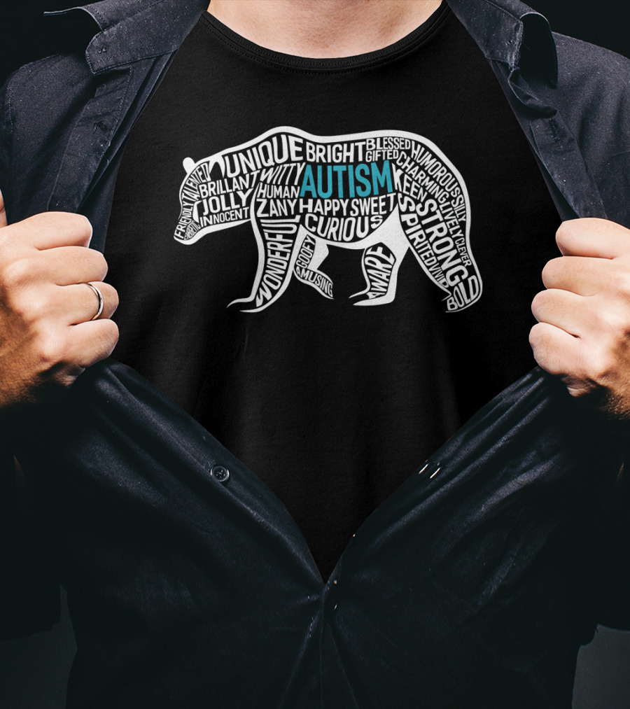 Autism Awareness Bear Word Cloud Unique Strong Curious Happy T-Shirt
