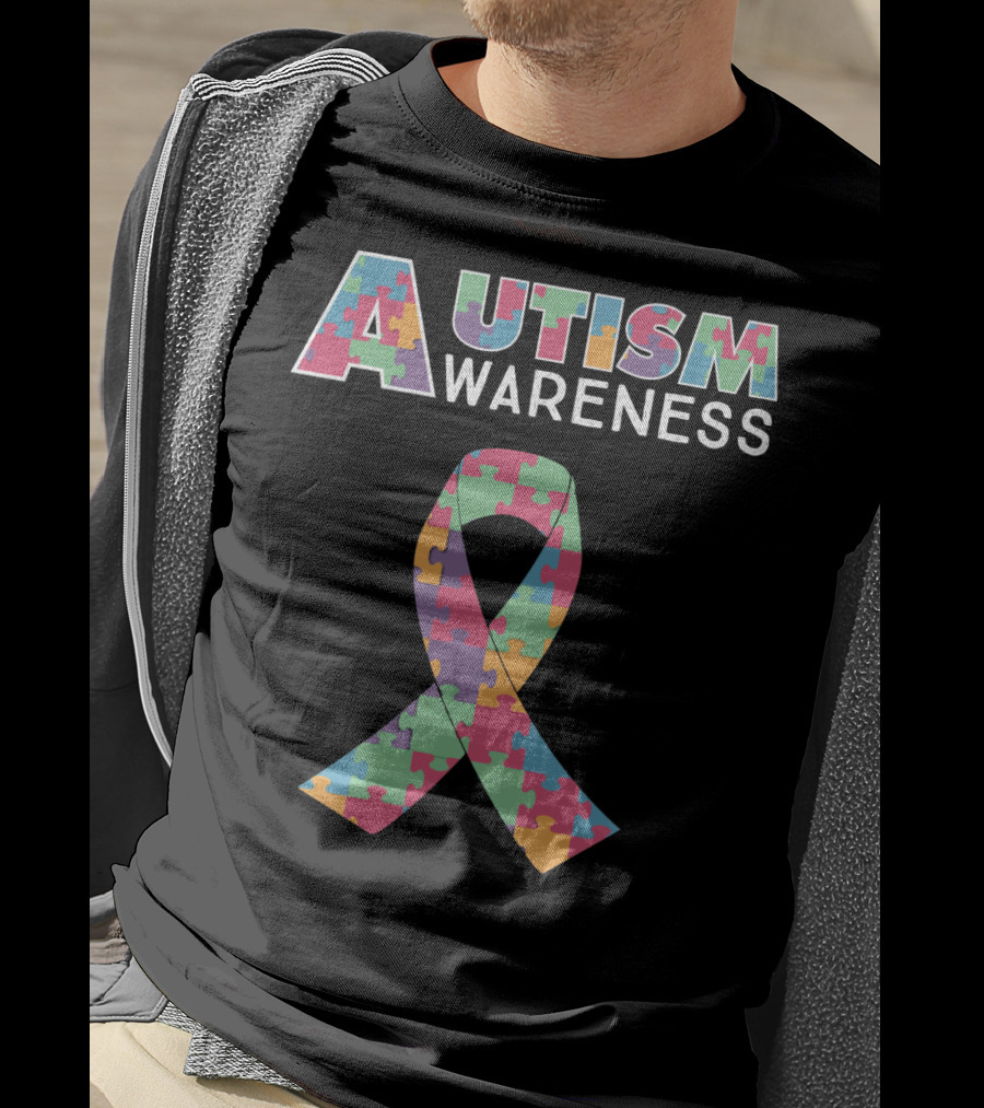Autism Awareness Puzzle Ribbon And Colored Lettering T-Shirt