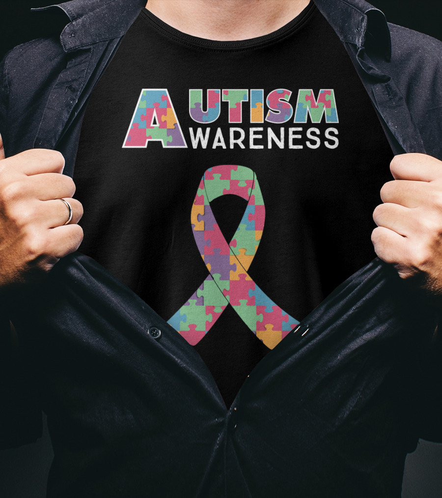 Autism Awareness Puzzle Ribbon And Colored Lettering T-Shirt