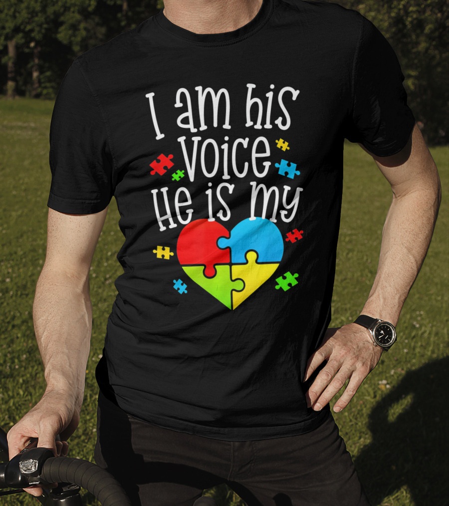 I Am His Voice He Is My Heart Autism Puzzle Pieces T-Shirt