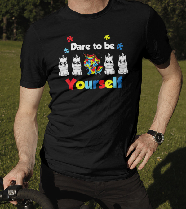 Dare To Be Yourself Unicorn Dabbing Autism Puzzle Pieces T-Shirt