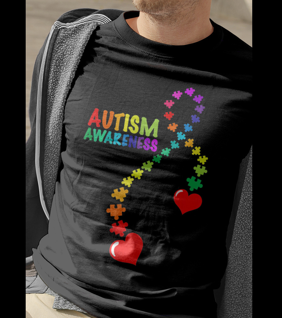 Autism Awareness Puzzle Heart Ribbon Rainbow T-Shirt