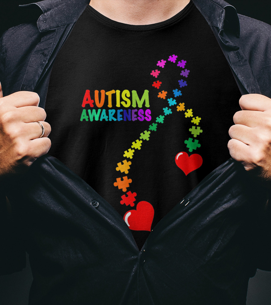 Autism Awareness Puzzle Heart Ribbon Rainbow T-Shirt