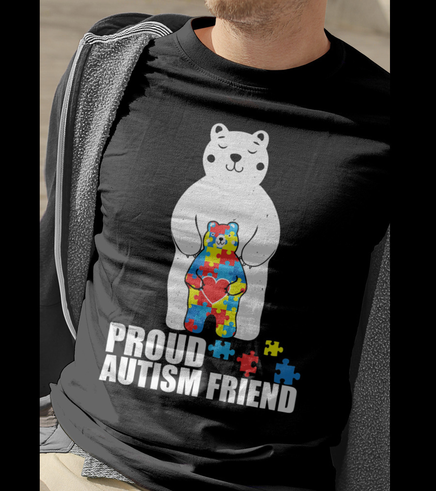 Proud Autism Friend Bear With Colorful Puzzle Pieces T-Shirt