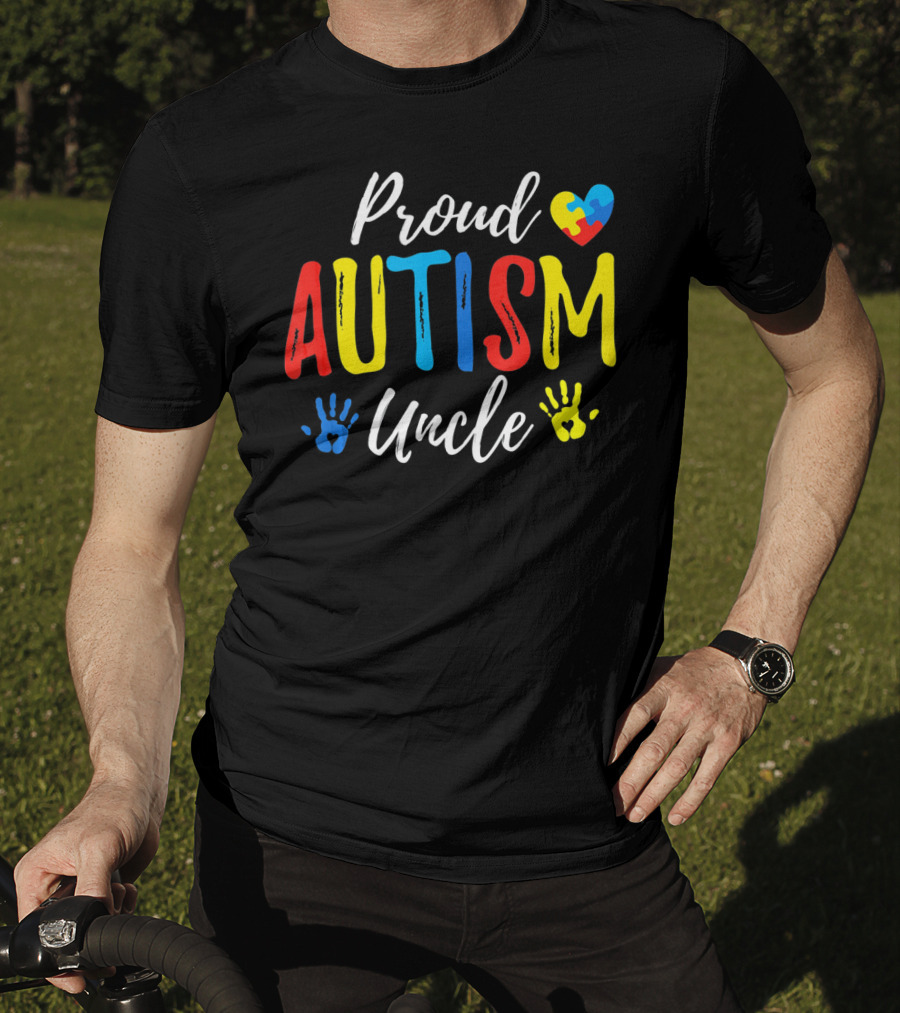 Proud Uncle Autism Awareness Heart Puzzle Handprints T-Shirt