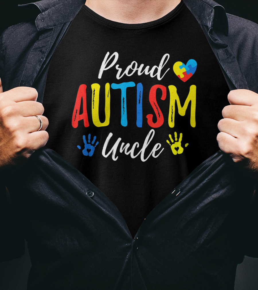 Proud Uncle Autism Awareness Heart Puzzle Handprints T-Shirt