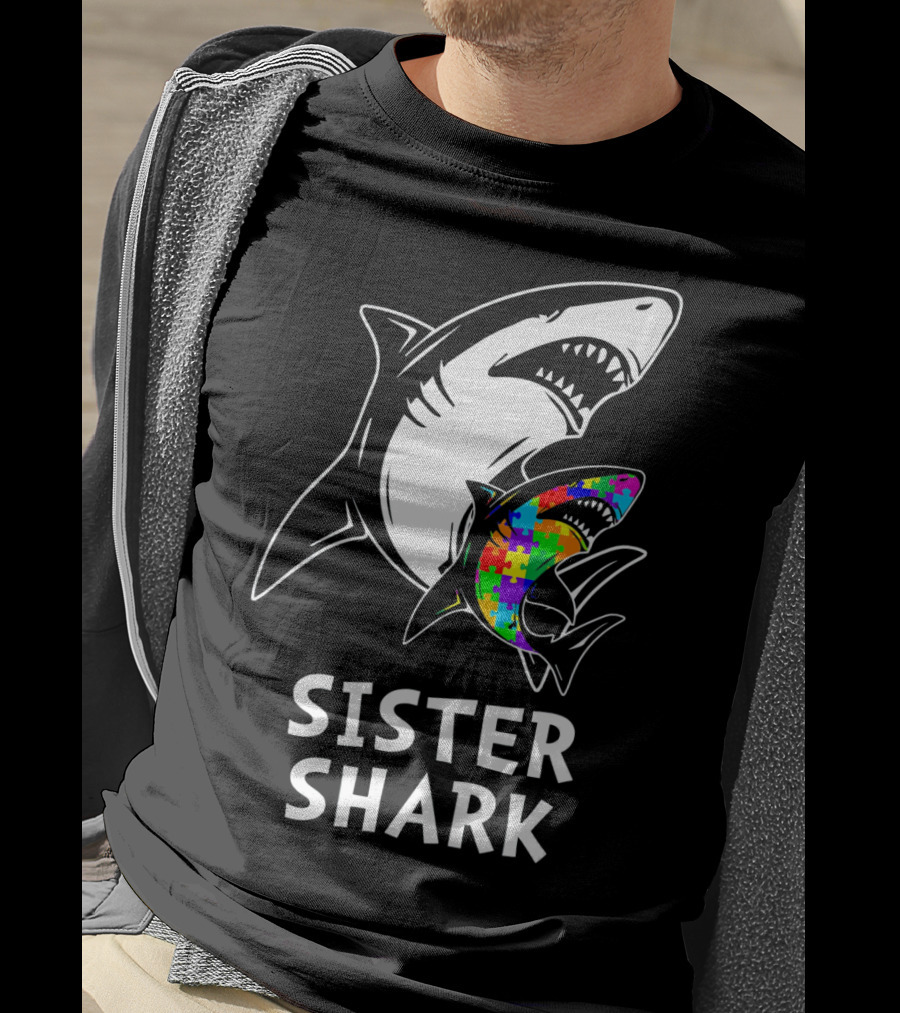 Sister Shark Autism Awareness Puzzle T-Shirt