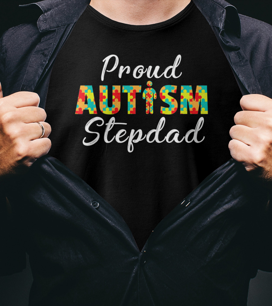 Proud Autism Stepdad Puzzle Awareness T-Shirt