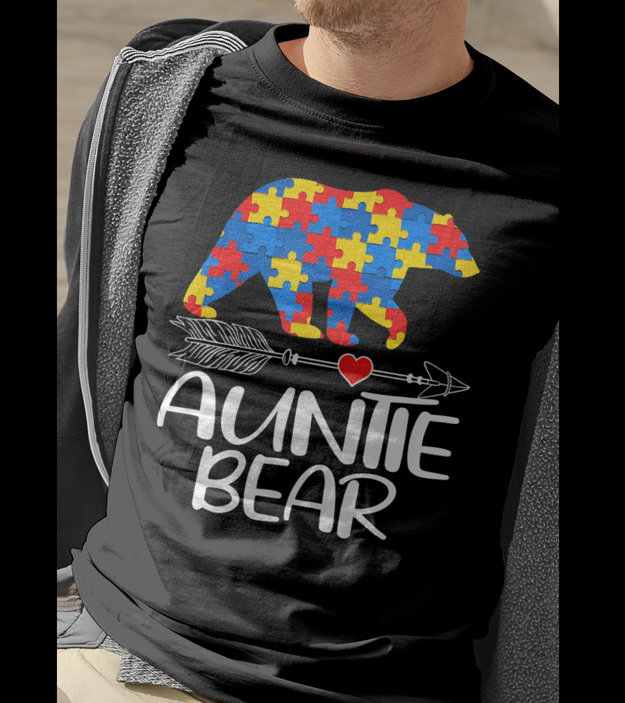 Autism Awareness Auntie Bear Puzzle Heart Arrow T-Shirt