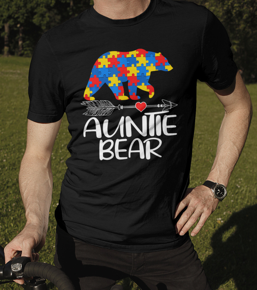Autism Awareness Auntie Bear Puzzle Heart Arrow T-Shirt