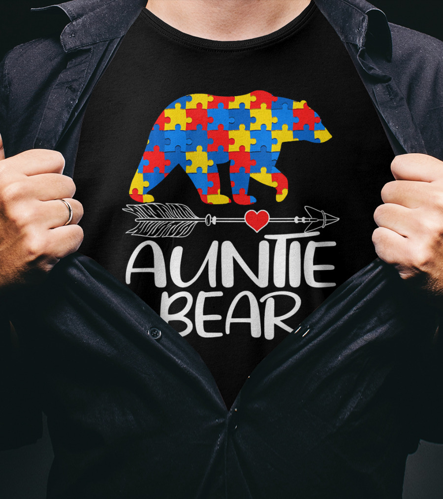 Autism Awareness Auntie Bear Puzzle Heart Arrow T-Shirt