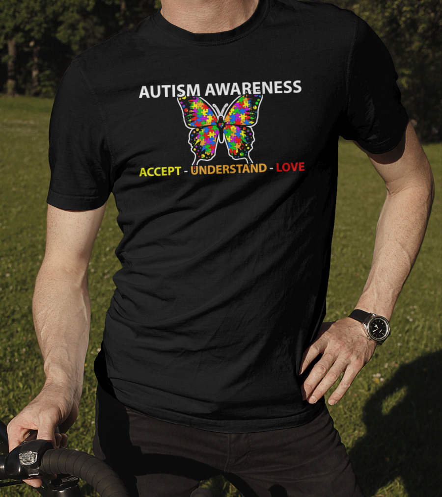 AUTISM AWARENESS Accept Understand Love Colorful Puzzle Piece Butterfly T-Shirt