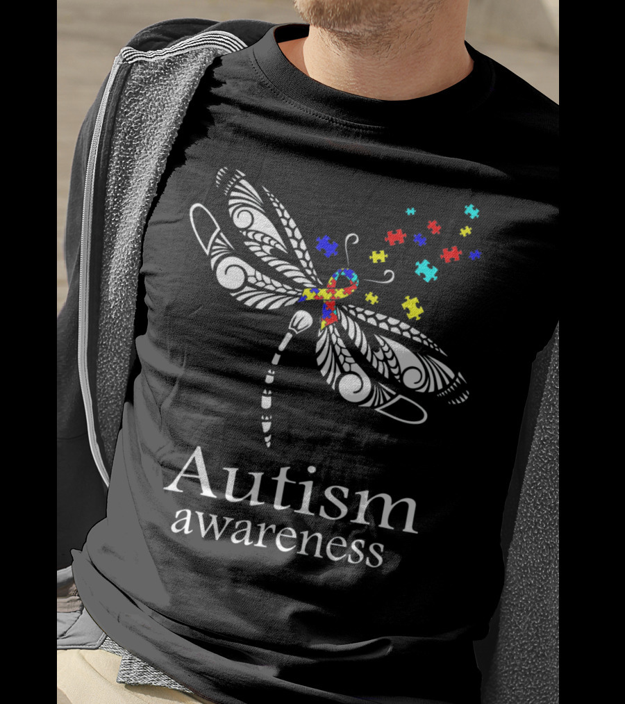 Autism Awareness Dragonfly Puzzle Pieces Symbolizing Support T-Shirt