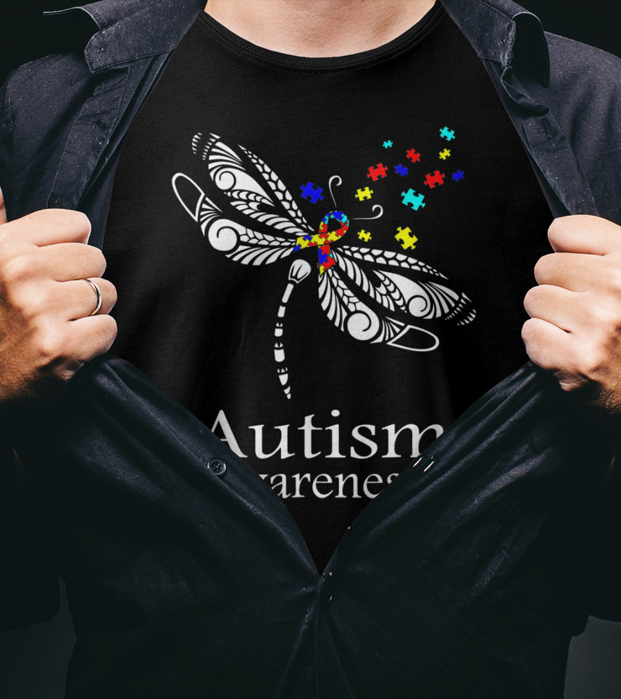 Autism Awareness Dragonfly Puzzle Pieces Symbolizing Support T-Shirt