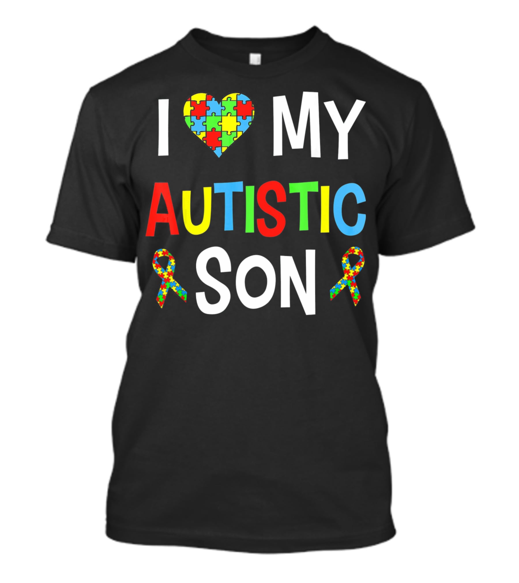 I Love My Autistic Son With Puzzle Heart And Autism Awareness Ribbons T-Shirt