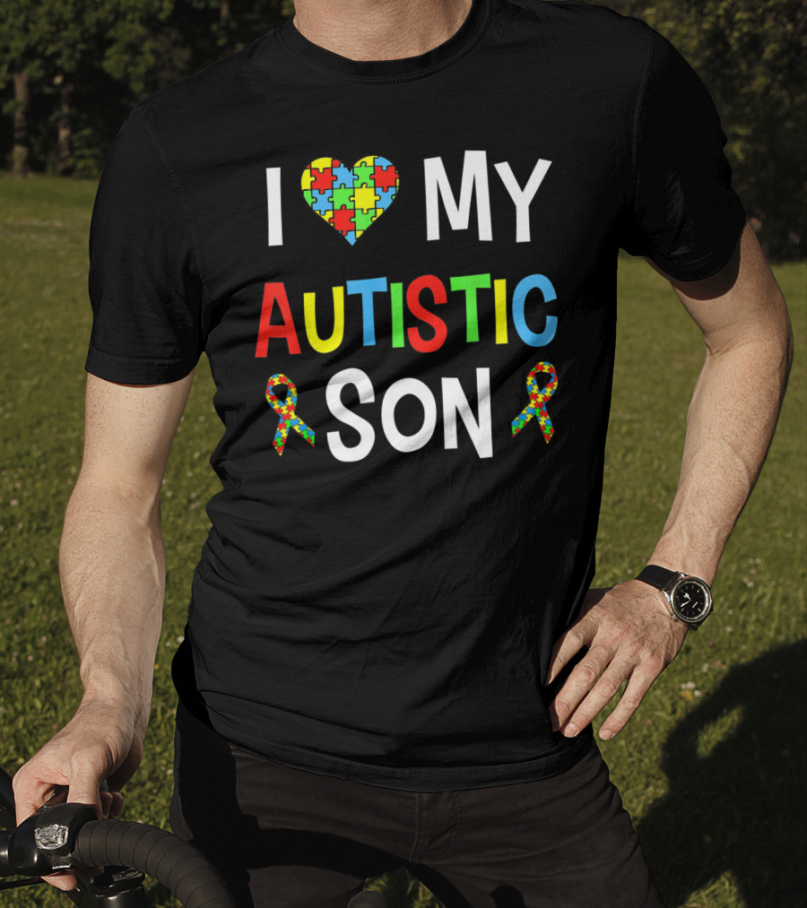 I Love My Autistic Son With Puzzle Heart And Autism Awareness Ribbons T-Shirt