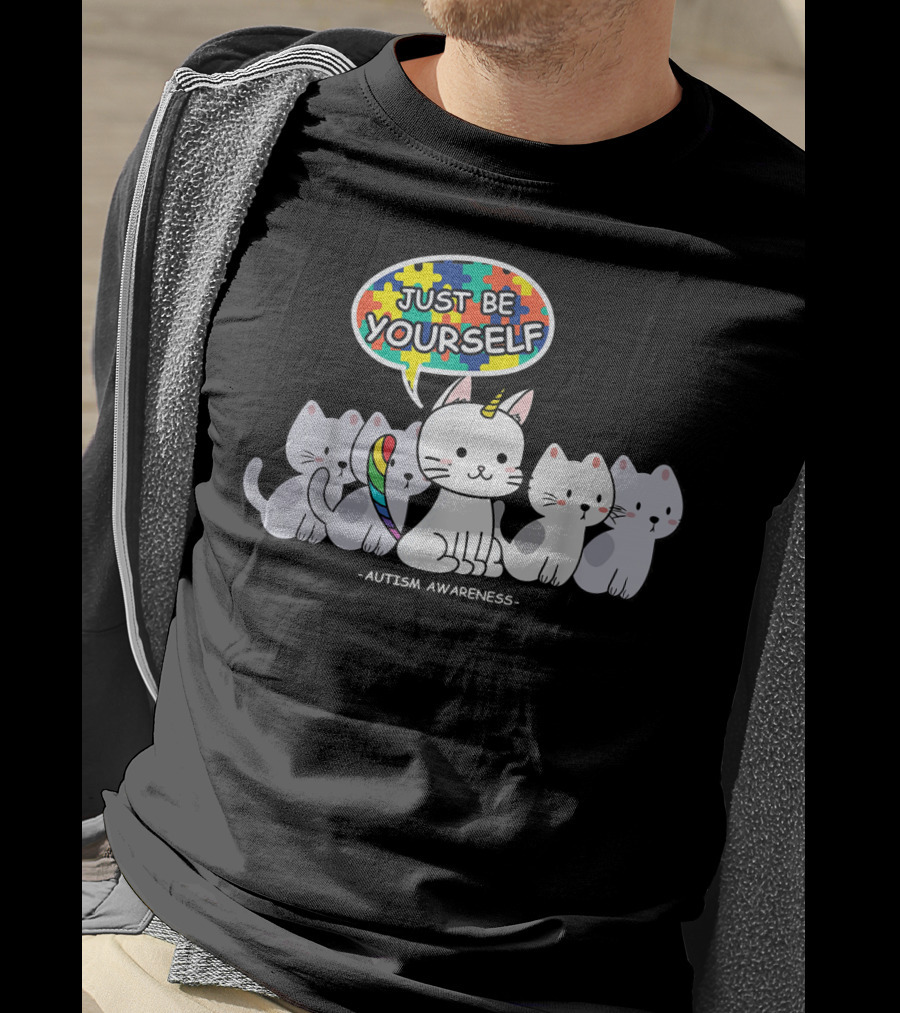 Autism Awareness Just Be Yourself Cat Unicorn With Puzzle T-Shirt