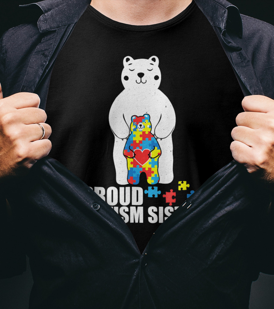 Proud Autism Sister Bear Puzzle Heart Multicolor T-Shirt