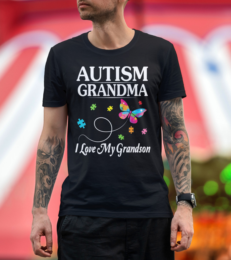 Autism Grandma I Love My Grandson Butterfly Puzzle Pieces T-Shirt