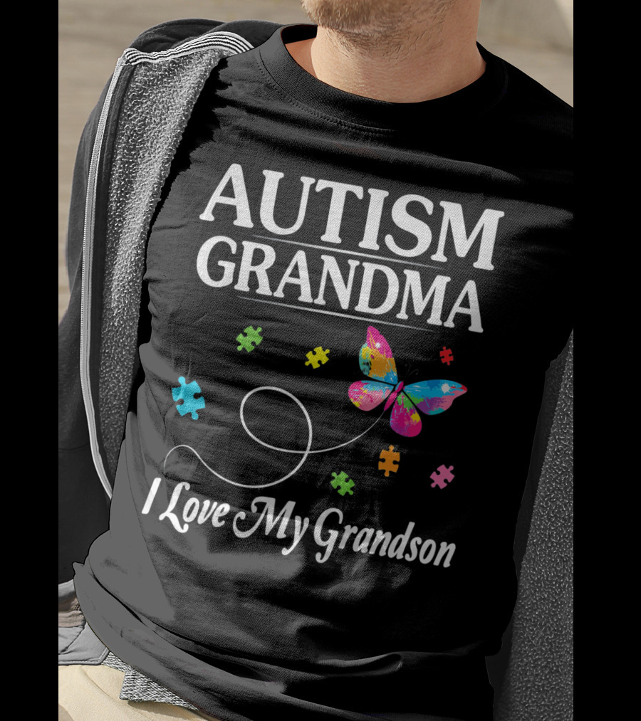 Autism Grandma I Love My Grandson Butterfly Puzzle Pieces T-Shirt