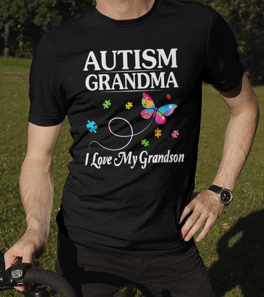 Autism Grandma I Love My Grandson Butterfly Puzzle Pieces T-Shirt