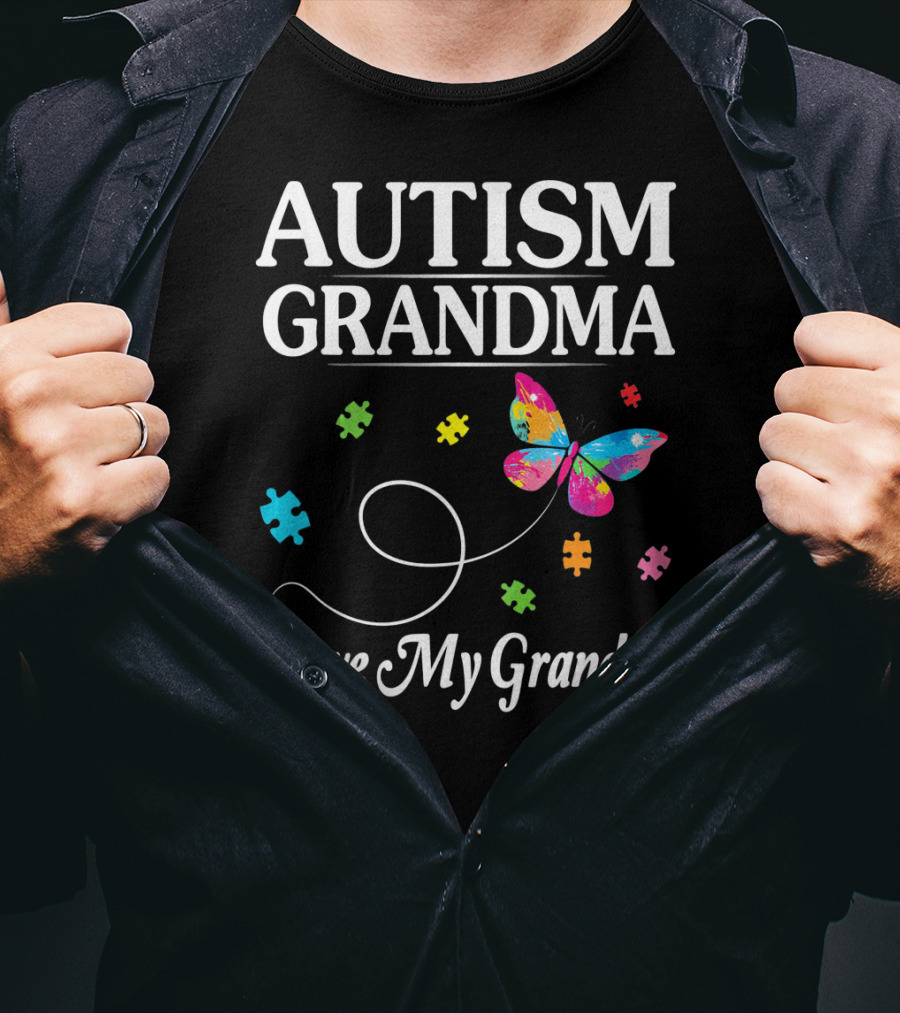 Autism Grandma I Love My Grandson Butterfly Puzzle Pieces T-Shirt