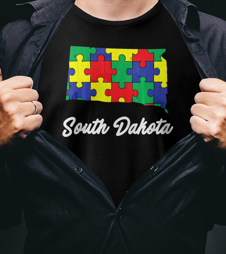 South Dakota Autism Awareness Puzzle Map T-Shirt