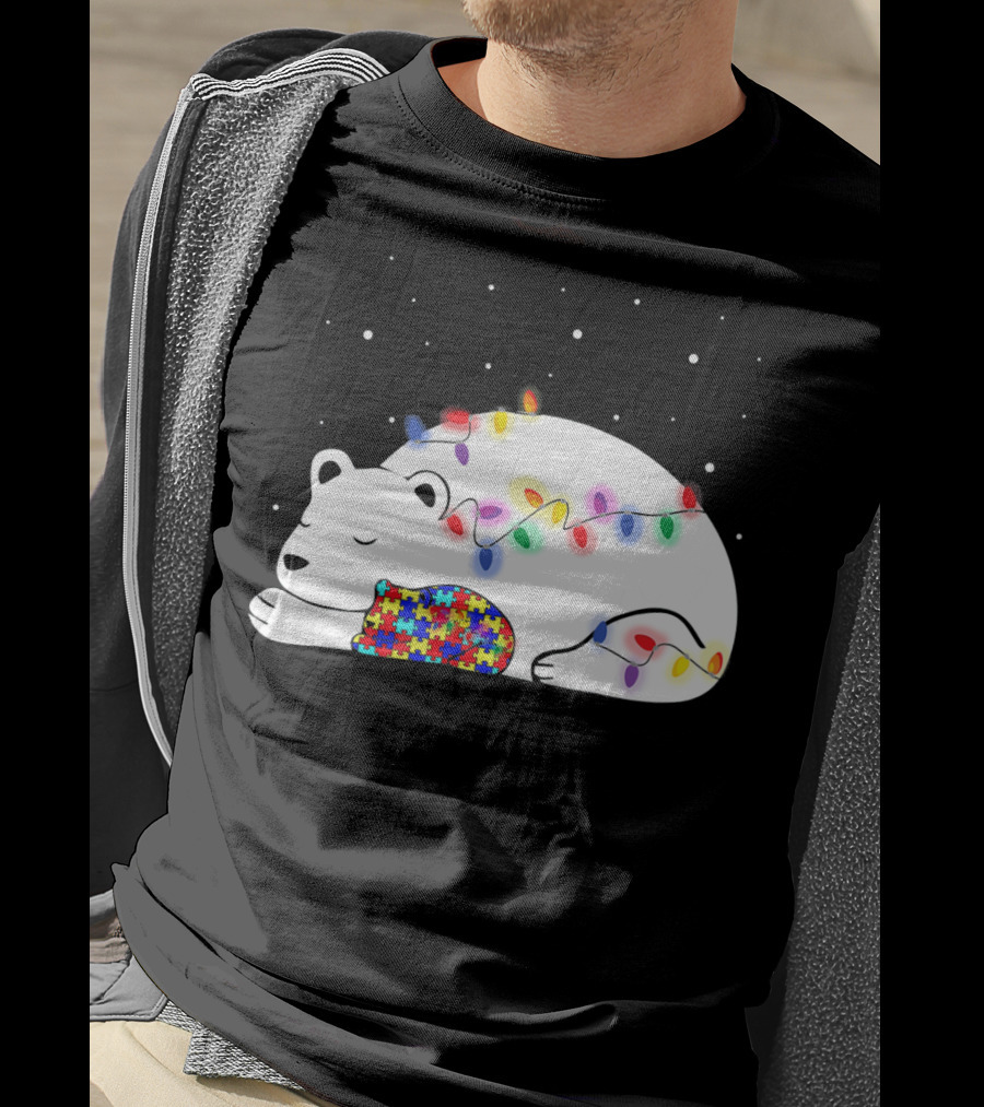 Autism Awareness Mama Bear Christmas Lights Puzzle T-Shirt