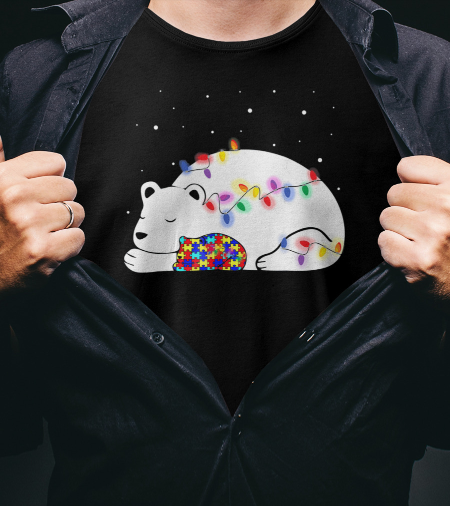 Autism Awareness Mama Bear Christmas Lights Puzzle T-Shirt