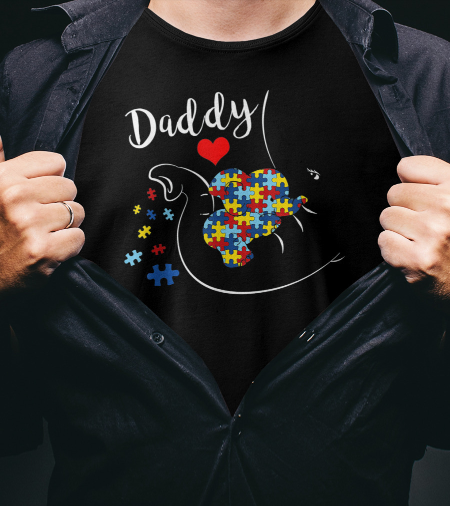 Daddy Elephant With Autism Awareness Puzzle Heart T-Shirt