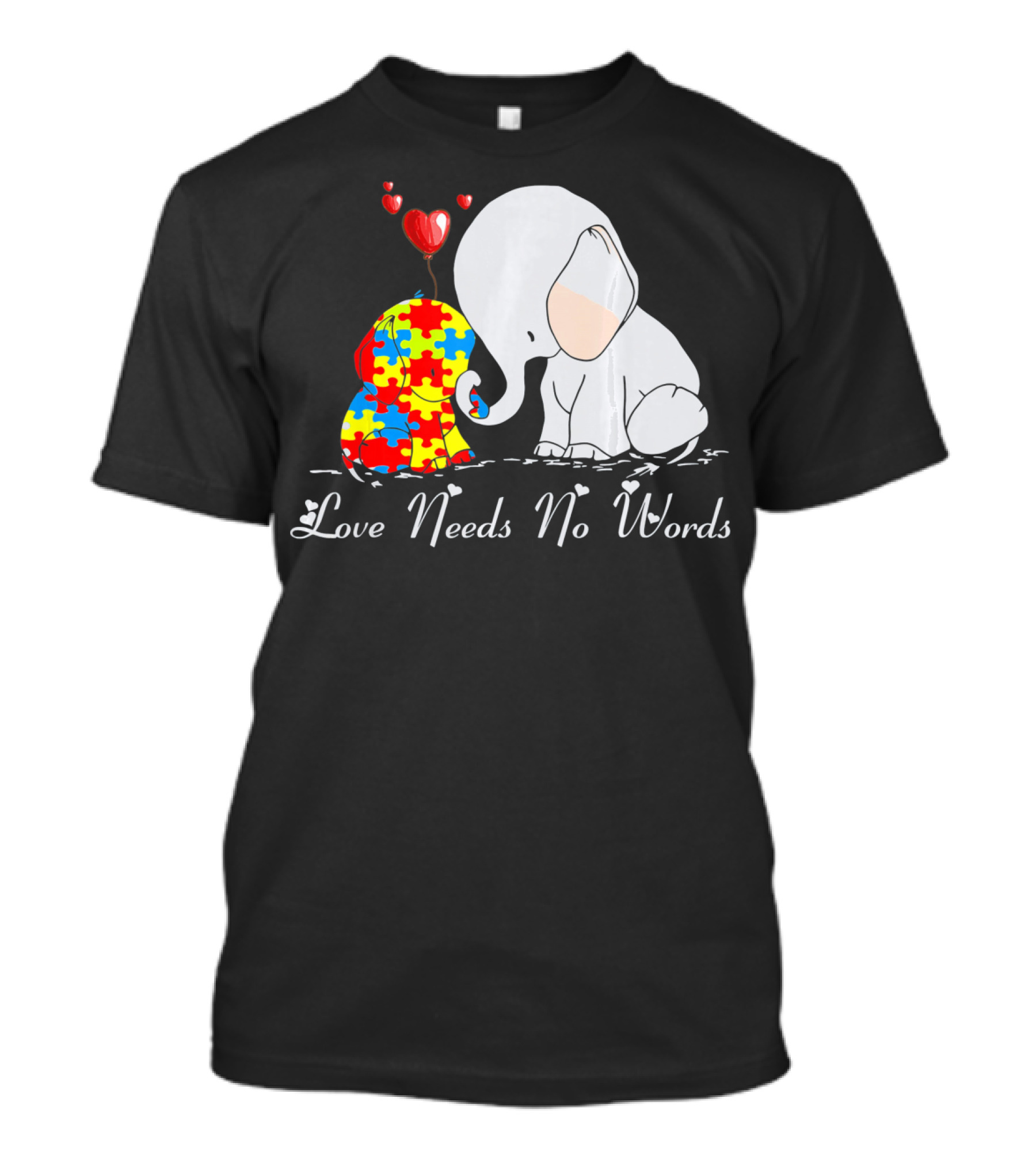 Love Needs No Words Autism Awareness Elephant Puzzle Hearts T-Shirt