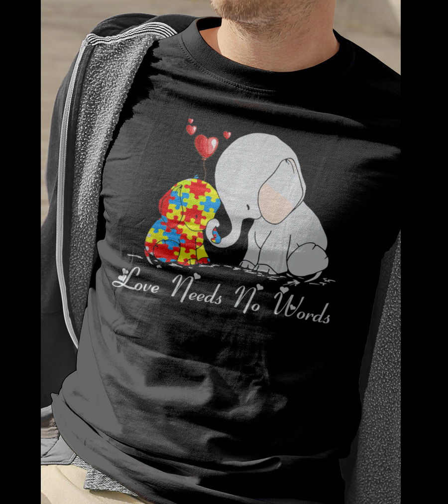 Love Needs No Words Autism Awareness Elephant Puzzle Hearts T-Shirt