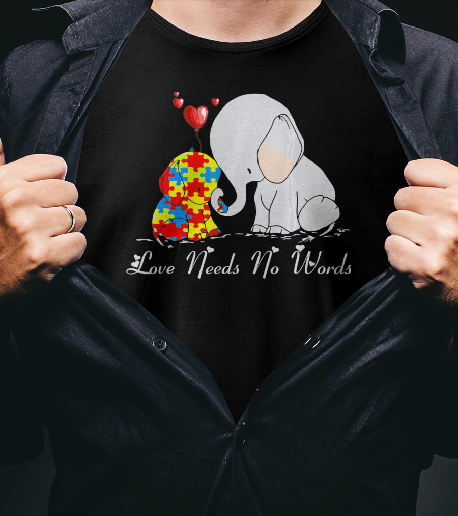 Love Needs No Words Autism Awareness Elephant Puzzle Hearts T-Shirt