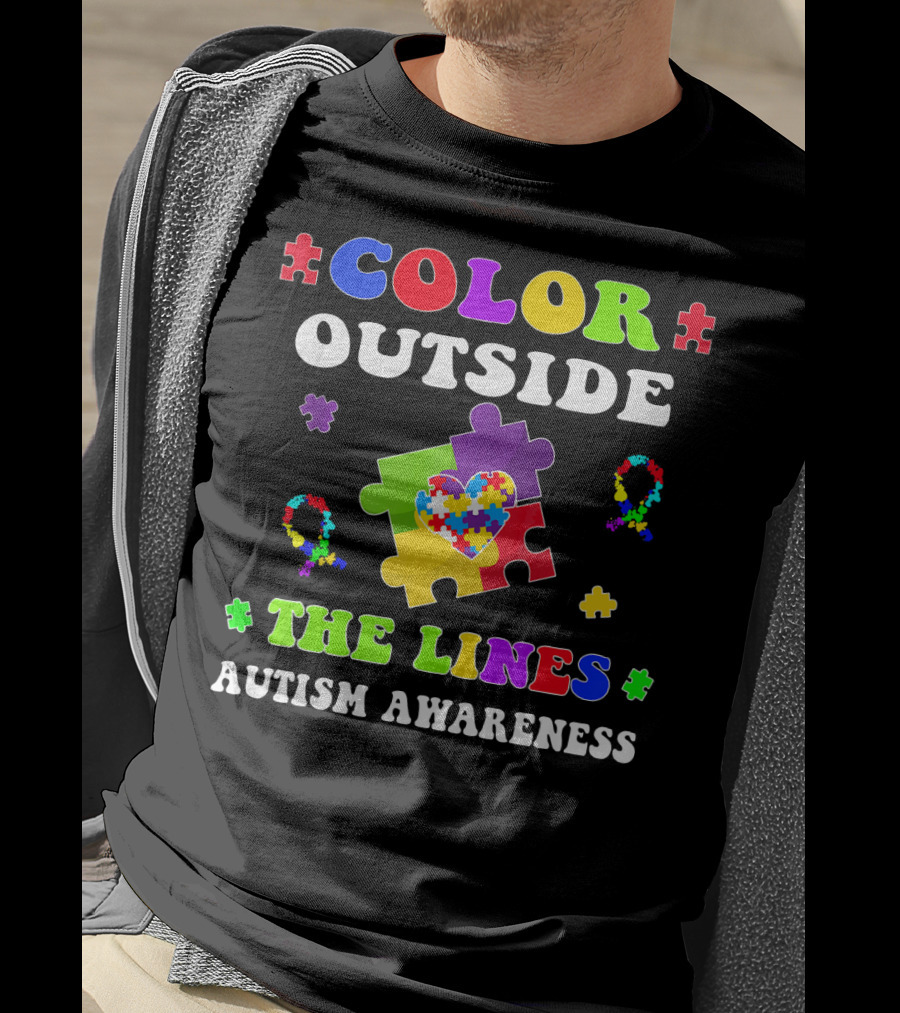 Color Outside The Lines Autism Awareness Puzzle Piece Heart T-Shirt