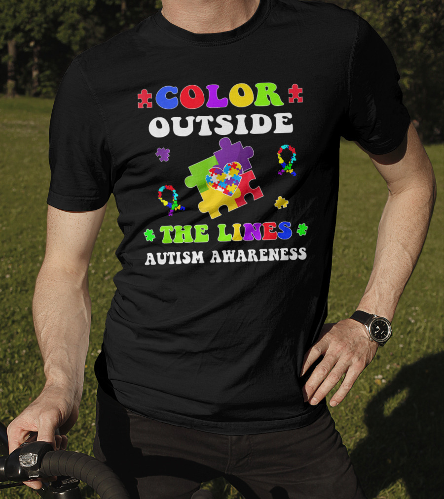 Color Outside The Lines Autism Awareness Puzzle Piece Heart T-Shirt