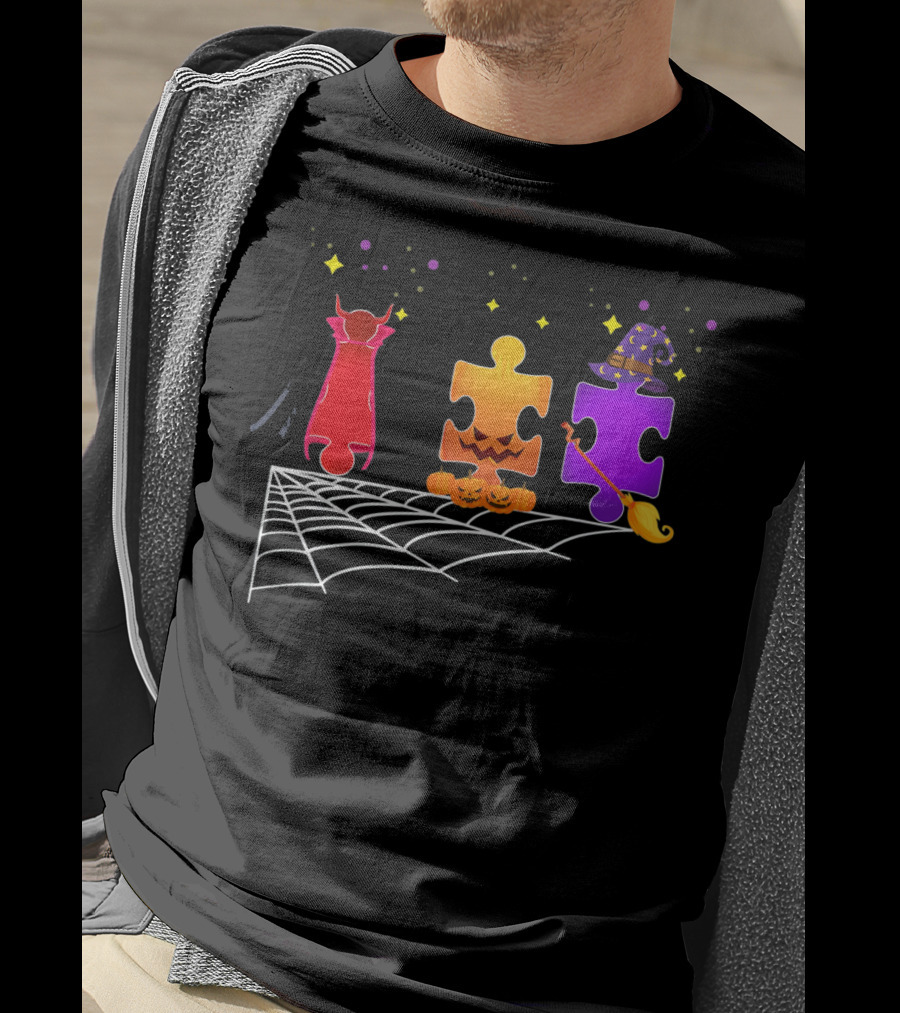 Autism Puzzle Pieces Halloween Witch And Vampire T-Shirt