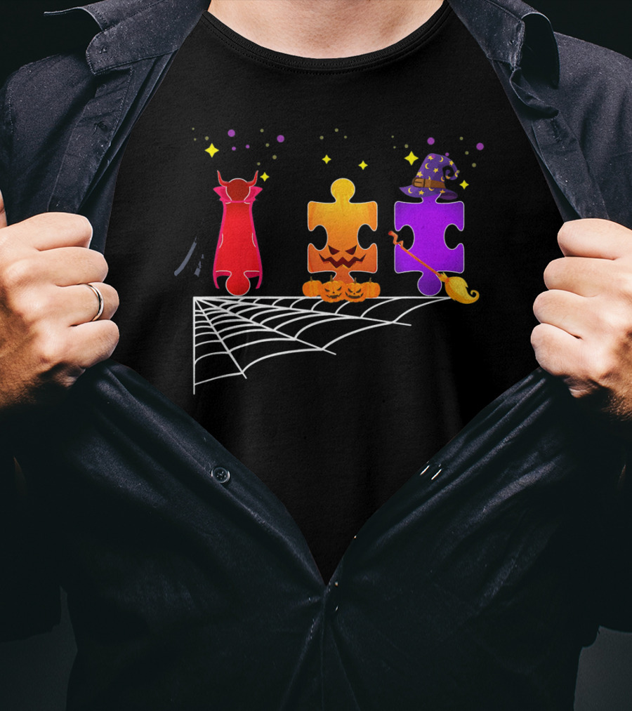 Autism Puzzle Pieces Halloween Witch And Vampire T-Shirt