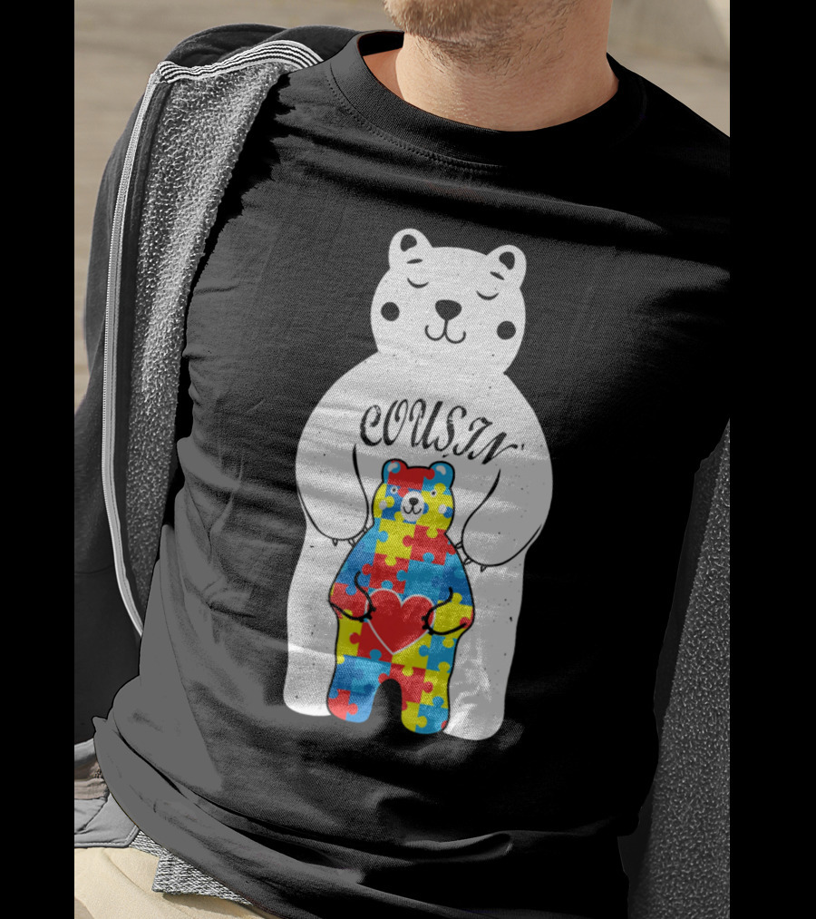 Cousin Bear Holding Autism Awareness Puzzle Heart ASD T-Shirt