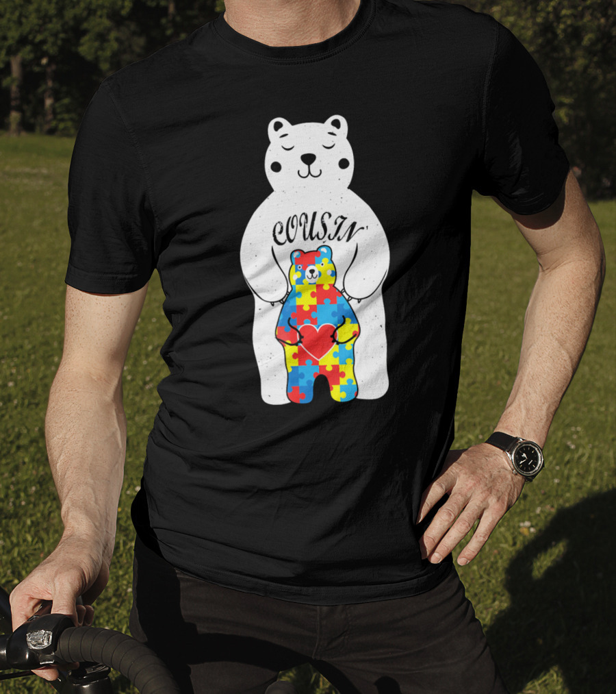 Cousin Bear Holding Autism Awareness Puzzle Heart ASD T-Shirt