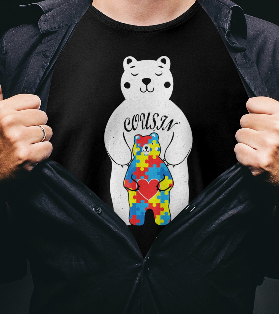 Cousin Bear Holding Autism Awareness Puzzle Heart ASD T-Shirt
