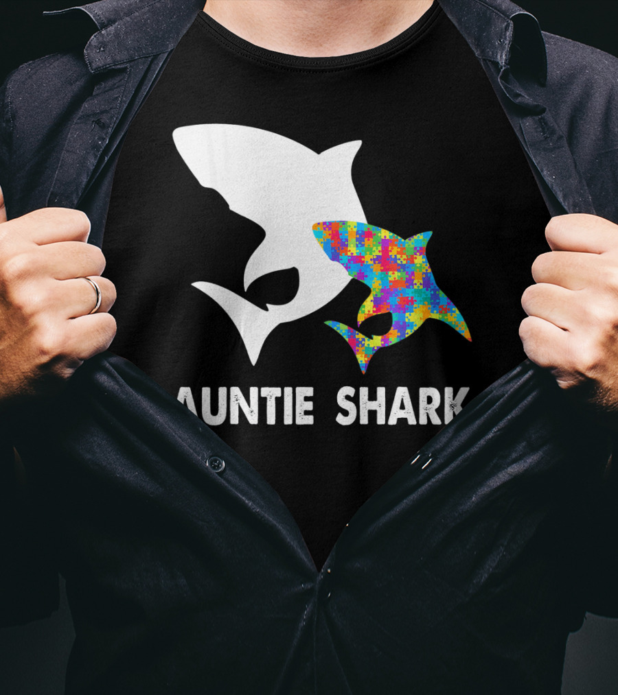 Auntie Shark Autism Puzzle Piece Warrior T-Shirt