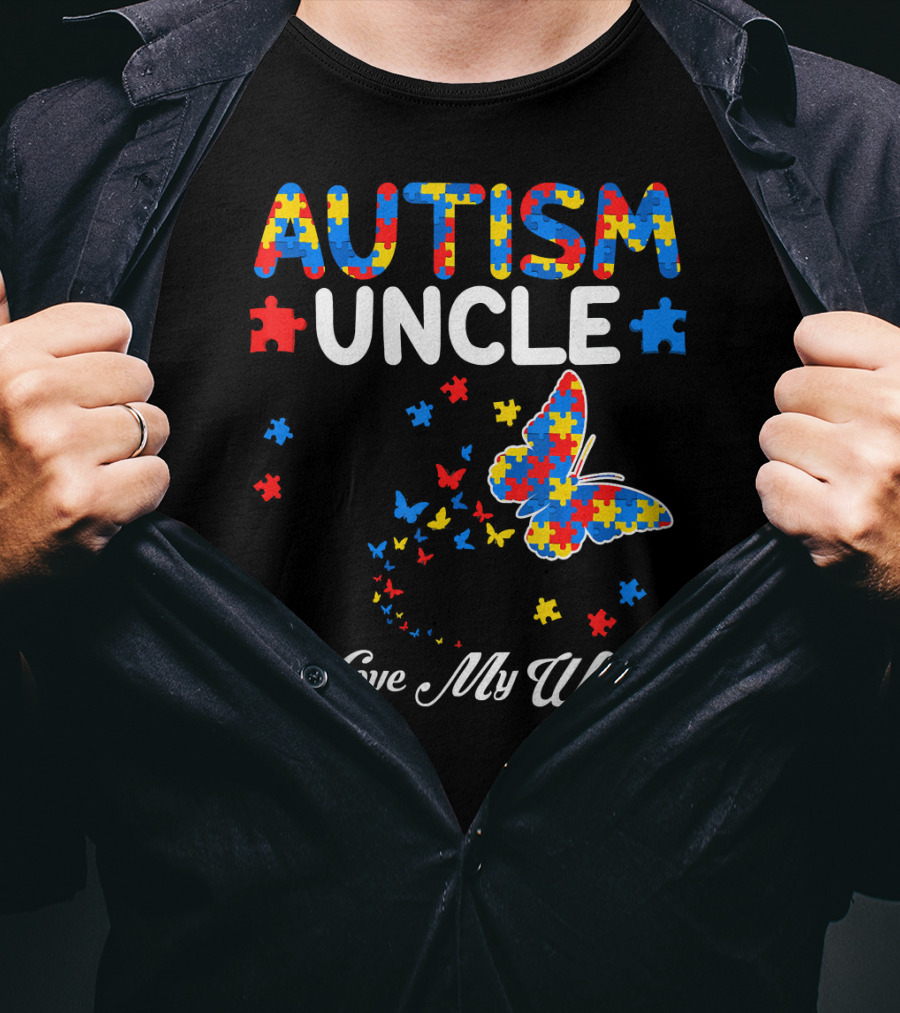 Autism Uncle I Love My Warrior Butterfly Puzzle Pieces T-Shirt