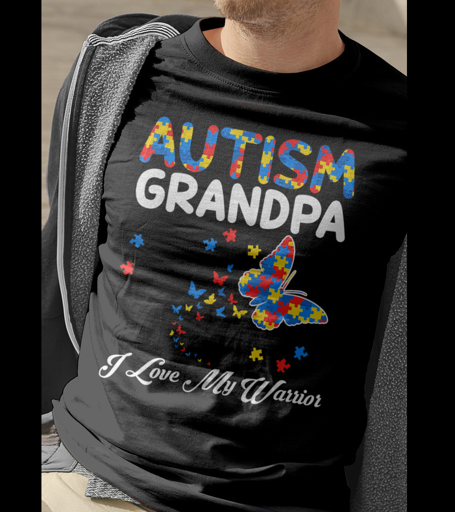 Autism Grandpa I Love My Warrior Butterfly Puzzle T-Shirt
