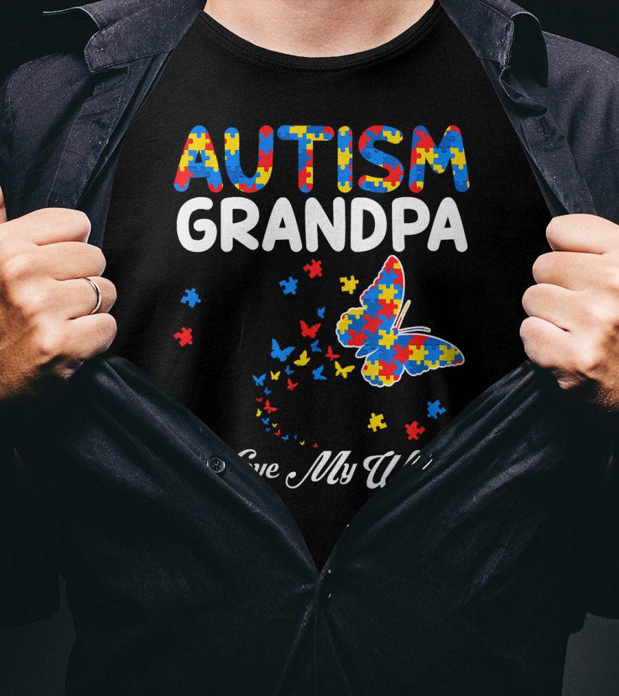 Autism Grandpa I Love My Warrior Butterfly Puzzle T-Shirt